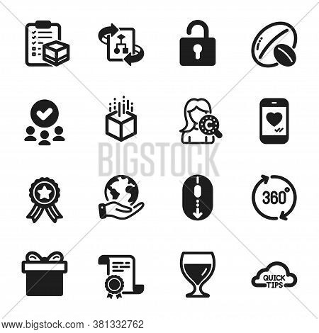 Set Of Business Icons, Such As Wine Glass, Technical Algorithm. Certificate, Approved Group, Save Pl