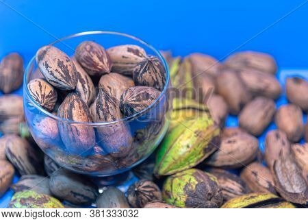 Pecan Or Pecan Fruits (carya Illinoinensis) In Glass Bowl On Blue Background