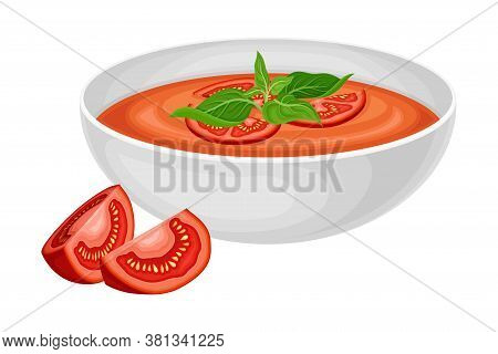 Gazpacho Or Cold Soup Of Tomatoes As Spanish Cuisine Dish Served In Bowl Vector Illustration
