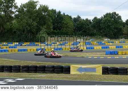 Bergerac, France: July 2020: Go Karts On The Track At Bergerac Karting On The Outskirts Of The Town 