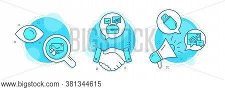 Usb Stick, Computer Mouse And Business Portfolio Line Icons Set. Handshake Deal, Research And Promot
