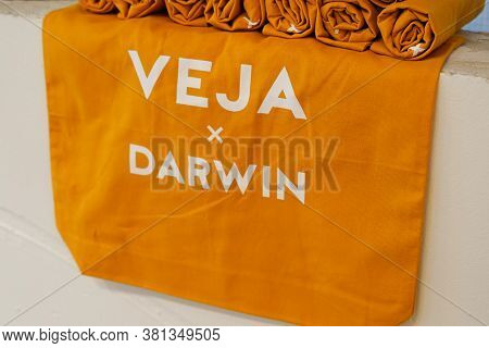 Bordeaux , Aquitaine / France - 08 10 2020 : Veja Logo Sign And Darwin Text On Bag Sneakers Produced
