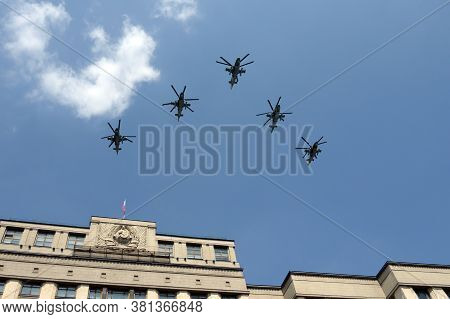 Moscow, Russia - June 20, 2020:a Group Of Ka-52 Alligator Reconnaissance And Attack Helicopters In T