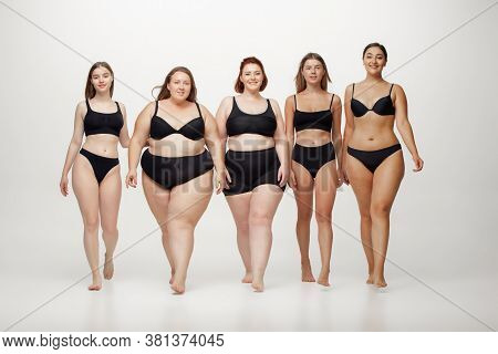 Inclusion. Portrait Of Beautiful Young Women With Different Shapes Posing On White Background. Happy