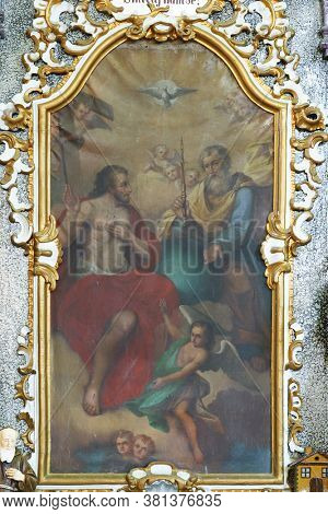 GORNJI DRAGANEC, CROATIA - OCTOBER 02, 2011: Holy Trinity altarpiece in the Church of the Visitation of the Blessed Virgin Mary in Gornji Draganec, Croatia
