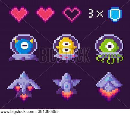 Pixel Game Vector, Character Of Galaxy, Points And Numbers. Spaceship With Trace, Heart Symbolizing 