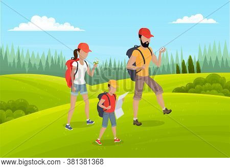 Family Active Lifestyle, Summer Travel Time. Happy People Mother, Father And Son Go To Camping. Fami