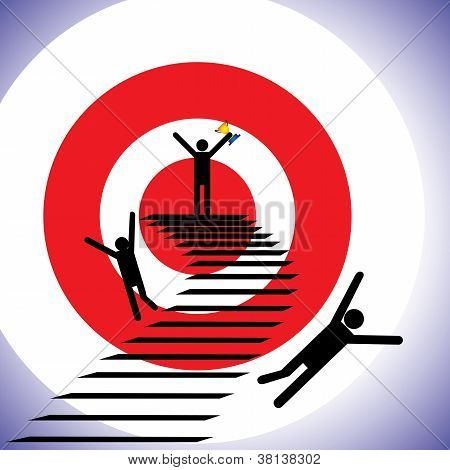 Illustrazione del concetto di un vincitore e vinti. Il grafico mostra una persona con successo raggiungendo un obiettivo