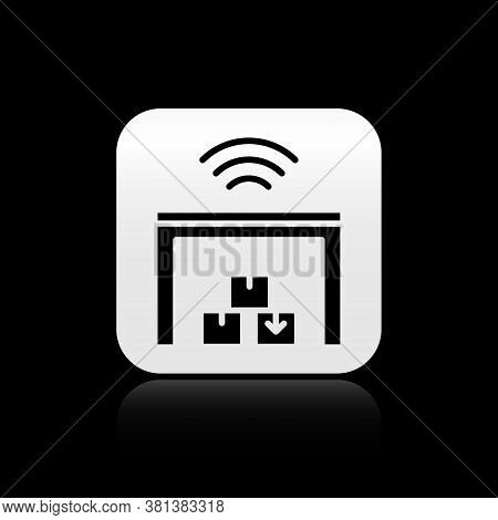 Black Smart Warehouse System Icon Isolated On Black Background. Silver Square Button. Vector