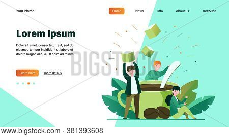 Tiny People Mixing Sugar In Big Cup Of Coffee Flat Vector Illustration. Cartoon Office Employees At 