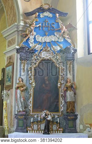 GORNJI DRAGANEC, CROATIA - OCTOBER 02, 2011: Altar of St. Anthony the Hermit in the Church of the Visitation of the Virgin Mary in Gornji Draganec, Croatia