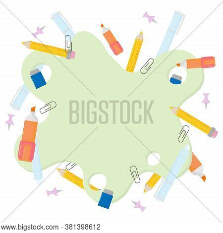 Banner With The Image Of Stationery. Place For Advertising. Pencil Vector