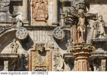 Antique Christ Stone Cross. Cruceiro In Ribeira Sacra. Spain