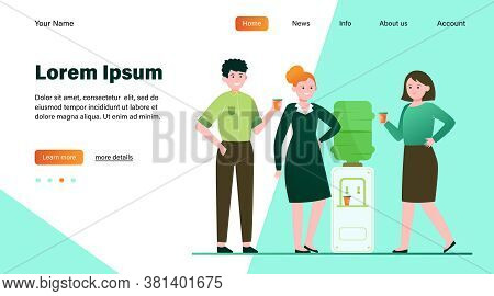Positive People Drinking Water At Cooler. Office Colleagues, Chatting, Break Flat Vector Illustratio