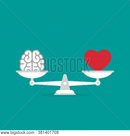 White Mechanical Scales With Brain And Red Heart In Pans. Love, Like, Sympathy Value, Solution And R