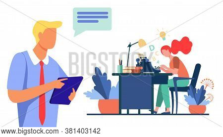 Female Writer Typing New Text For Editor. Article, Book, Idea Flat Vector Illustration. Typography A