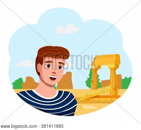 Young Cheerful Guy Make Selfie During Traveling. Traveler Make Photo Ancient Ruins Background, Rome.