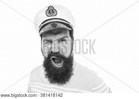Winking Sailor Copy Space. Bearded Sailor Isolated On White. Navy And Marine. Sea Adventures Concept