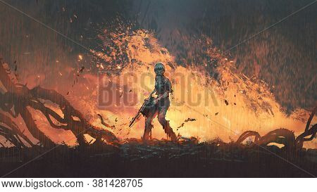Woman With A Chainsaw Standing On Burning Ground, Digital Art Style, Illustration Painting