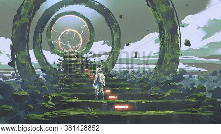 Spaceman Standing On The Futuristic Stairs And Looking At The Light At The End, Digital Art Style, I