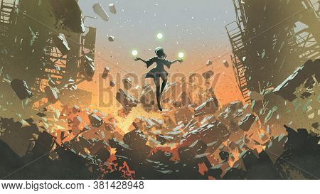 Young Girl With The Magic Balls Floating Above The Ruined City, Digital Art Style, Illustration Pain
