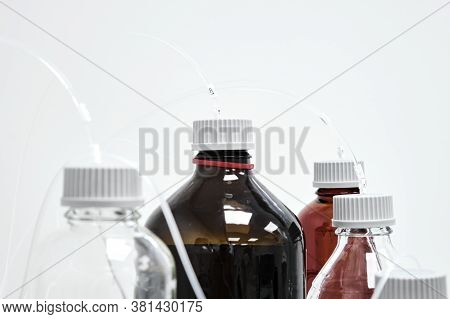 Bottles With Mobile Phase For High Performance Liquid Chromatography. Hplc System For Separation Of 