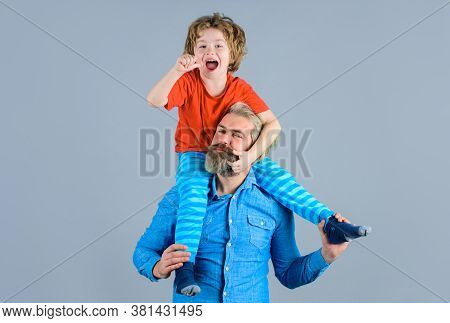 Family Time. Dad And Son. Kid On Shoulders. Good Relationships. Parentship Concept. Family Relations