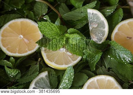 Sliced Lemon And Ginger Root With Mint Sprigs On A Dark Background. High Quality Photo