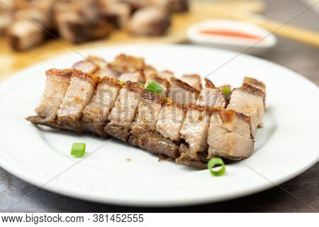Oriental Roast Pork Belly Or Char Siew On White Plate
