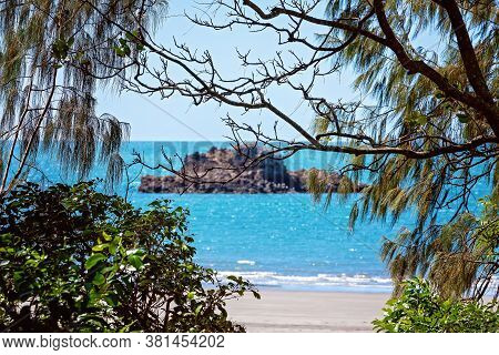 Trees And Branches Obscure The View Of A Rock Jutting Out Of The Ocean Near The Beach