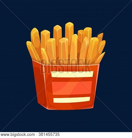 Fried Potatoes In Red Box With White Stripes Isolated Fastfood Snack. Vector Crispy Fries With Salt 