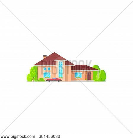 Town Cottage, Family Mansion With Chimney On Roof, Green Trees. Vector House In Flat With Retro Car,