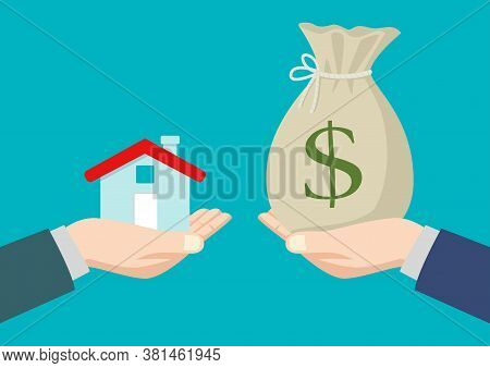 Vector Illustration Of Real Estate Agent Handover A House To A Buyer