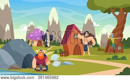 Fairytale Background. Funny Cartoon Houses Beautiful Fantasy World With Creatures Castles Vector Car