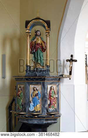 KLANJECKO JEZERO, CROATIA - NOVEMBER 06, 2013: Pulpit in the chapel of Saint George at the Lake in Klanjecko Jezero, Croatia