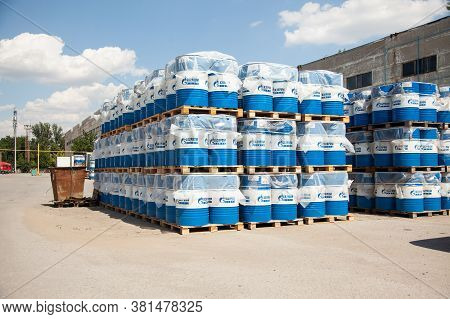 Rostov-on-don, Russia. 08.08.2020. Engine Oil In Gazprom Neft Barrels Are Stored In Several Rows In 