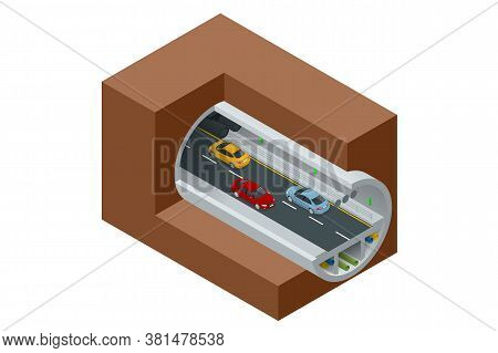 Isometric Underground Tunnel For Vehicular Road Traffic. Car Tunnel Under The Mountain, Road Tunnel.