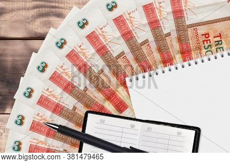 3 Cuban Pesos Convertibles Bills Fan And Notepad With Contact Book And Black Pen. Concept Of Financi