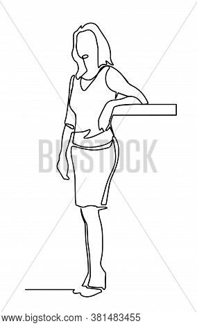 Continuous One Line Drawing Of Manager Standing. Business Woman In Skirt Standing. Profecional Worke