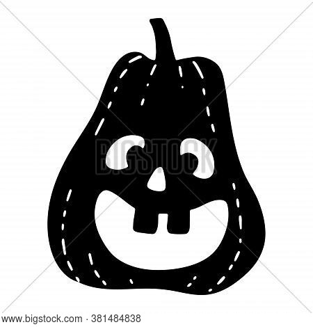 Halloween Pumpkin Black Silhouette With Cut Face Smile. All Saints Eve Symbol. Hand Drawn Doodle Cli