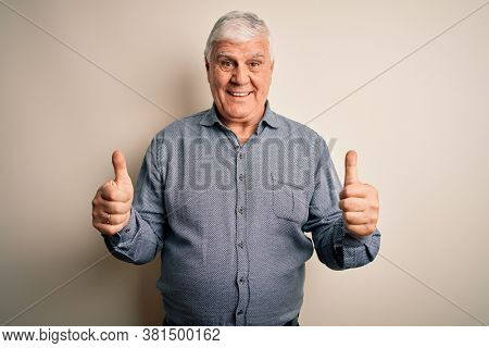 Senior handsome hoary man wearing casual shirt standing over isolated white background success sign doing positive gesture with hand, thumbs up smiling and happy. Cheerful expression and winner