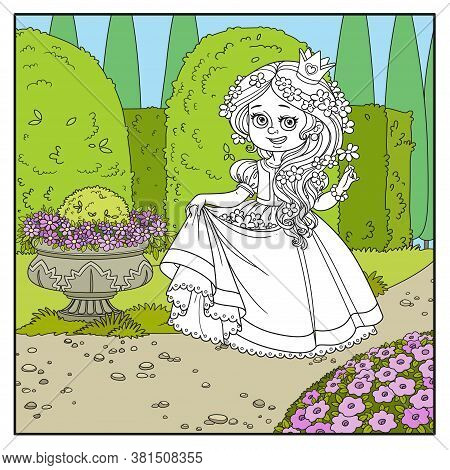 Beautiful Princess With Flowers In Hair And The Hem Of The Dress In Palace Park With Topiary And Flo