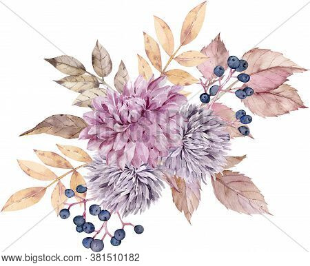 Watercolor Fall Floral Bouquet. Yellow Autumn Leaves, Dahlia And Aster Flowers, Berries. Colorful Ha