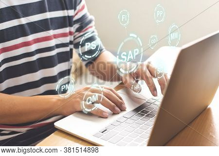 Close-up Image Of Male Hands Working On Laptop. Business Management Software (sap). Erp Enterprise R