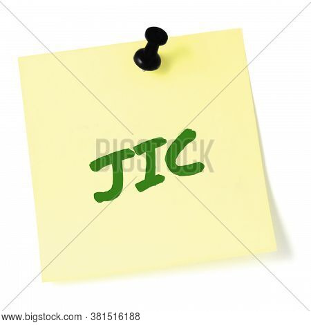 Just in case initialism JIC green marker written acronym text, isolated yellow to-do list sticky post-it note reminder abbreviation sticker, black pushpin thumbtack macro closeup, memo information message, newsletter bulletin info notice concept, letter d