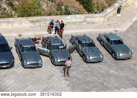 Matera, Italy - September 15, 2019: Bond 25, Aston Martin Db5 Cars Prepared To Shoot Chase Scenes Fr
