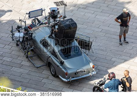 Matera, Italy - September 15, 2019: Bond 25, Aston Martin Db5 Equipped With All Equipment For Shooti