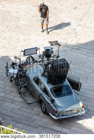 Matera, Italy - September 15, 2019: Bond 25, Aston Martin Db5 Equipped With All Equipment For Shooti