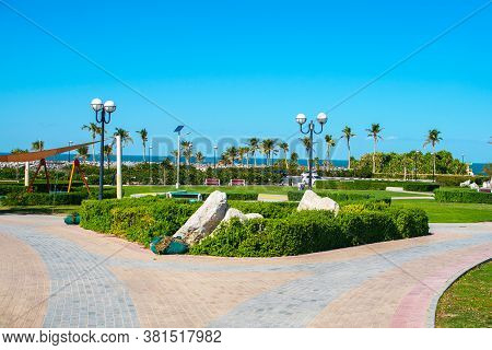 Dubai, United Arab Emirates January 16, 2020: Beautiful View Of Al Mamzar Beach Dubai, Leisure Park.