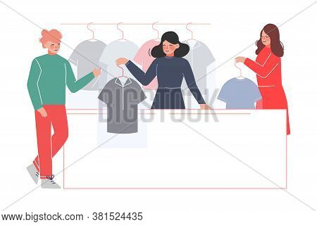 Dry Cleaning Service, Female Worker Giving To Client Clean Clothes On Reception Of Laundry Flat Styl
